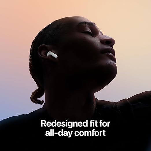 Apple AirPods 4 with H2 chip, 30hr battery, USB-C case.