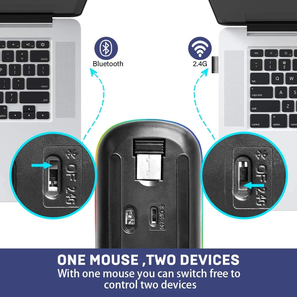 HP W10 Slim Mouse – Wireless, Bluetooth, RGB lighting, and rechargeable design.
