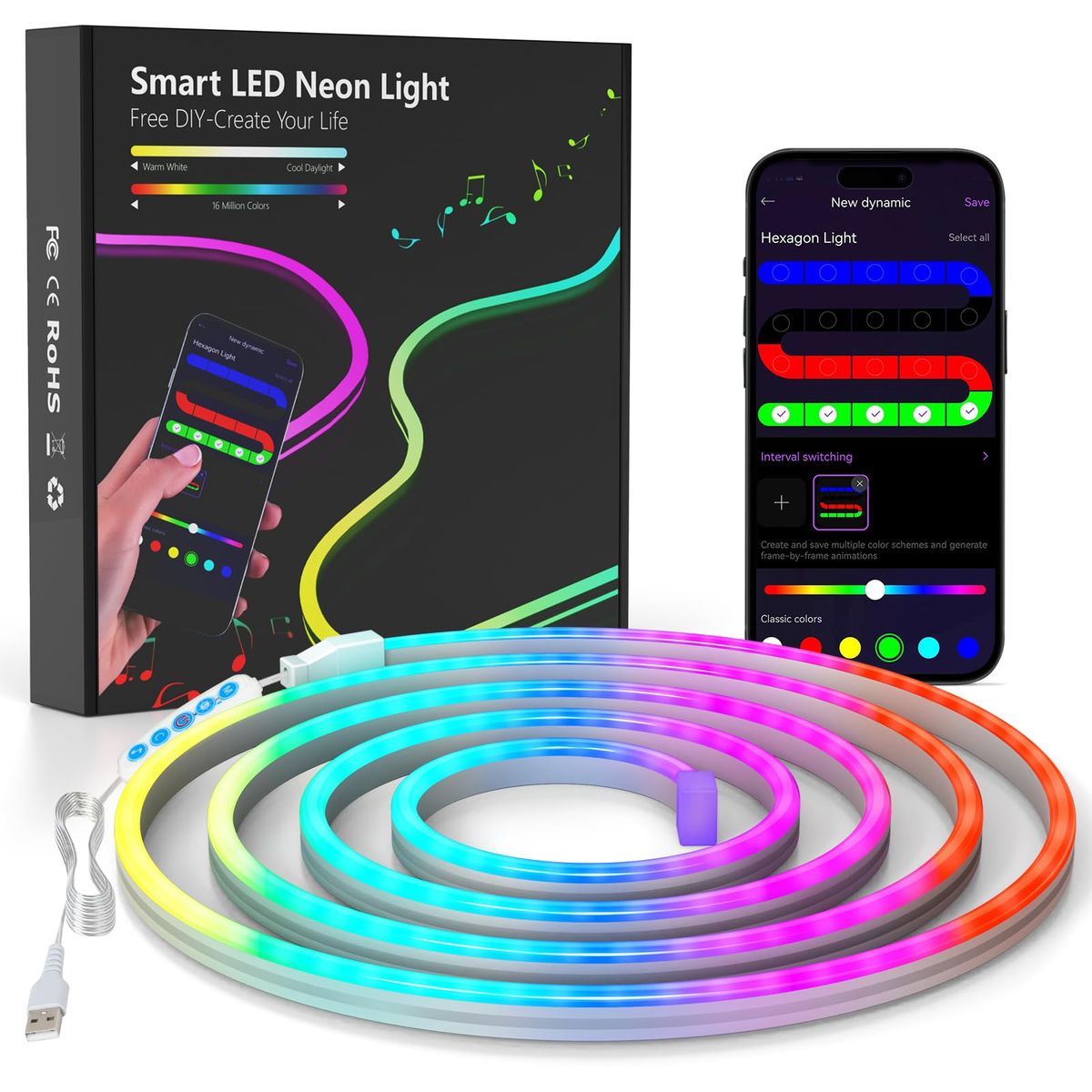 30Ft RGB Neon Rope Lights, Music Sync, IP65 Waterproof, APP/Remote Control, Indoor/Outdoor Decor