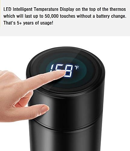 Smart insulated bottle with LED display, keeps drinks hot or cold for 24 hours, ideal for travel.