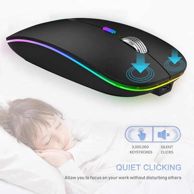 HP W10 Slim Mouse – Wireless, Bluetooth, RGB lighting, and rechargeable design.
