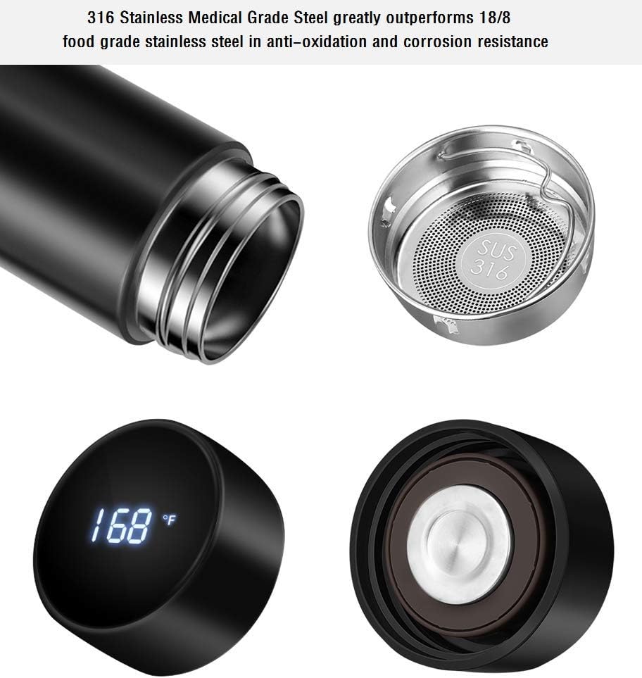 Smart insulated bottle with LED display, keeps drinks hot or cold for 24 hours, ideal for travel.