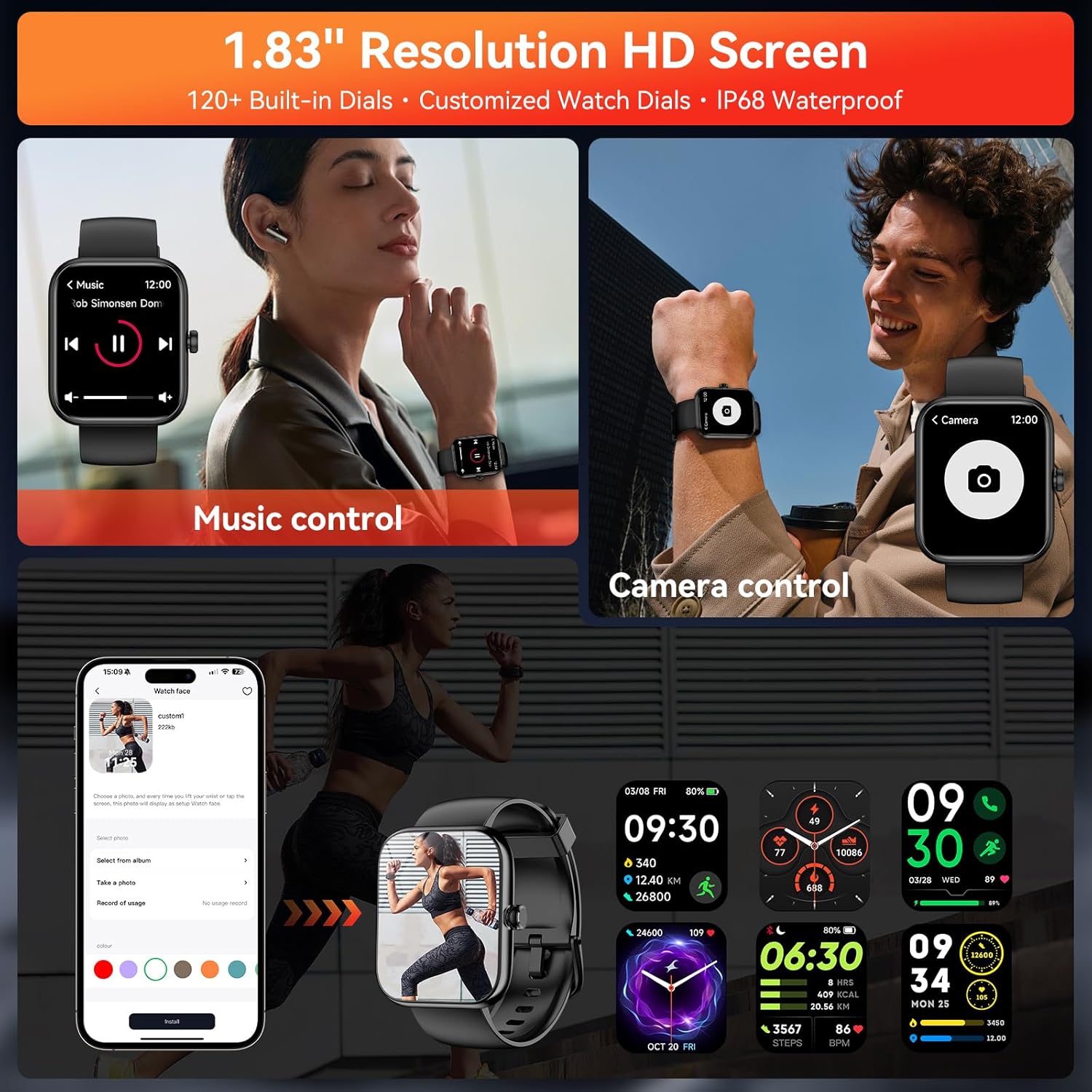 Smartwatch with Alexa, 1.83" HD display, fitness tracking, calls, 120+ sports modes, waterproof.