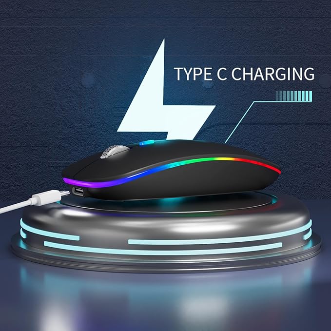 HP W10 Slim Mouse – Wireless, Bluetooth, RGB lighting, and rechargeable design.