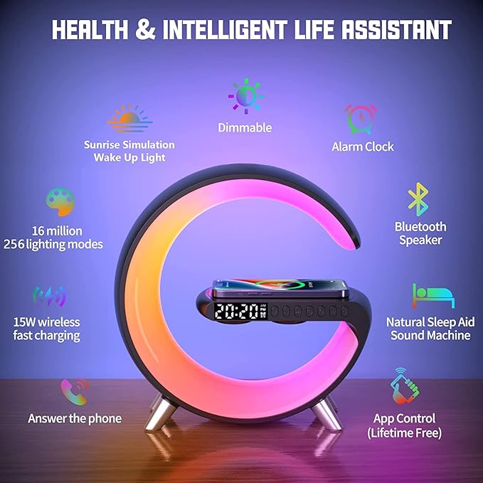 KDRL Bluetooth Speaker with Wireless Charger, RGB Lamp, Clock & App Control