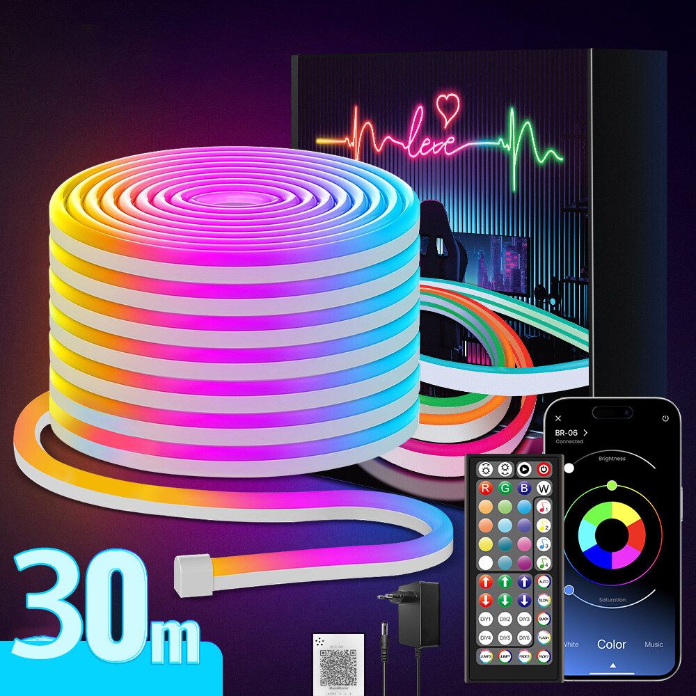 30Ft RGB Neon Rope Lights, Music Sync, IP65 Waterproof, APP/Remote Control, Indoor/Outdoor Decor