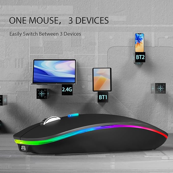 HP W10 Slim Mouse – Wireless, Bluetooth, RGB lighting, and rechargeable design.