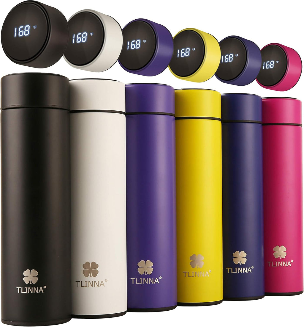 Smart insulated bottle with LED display, keeps drinks hot or cold for 24 hours, ideal for travel.