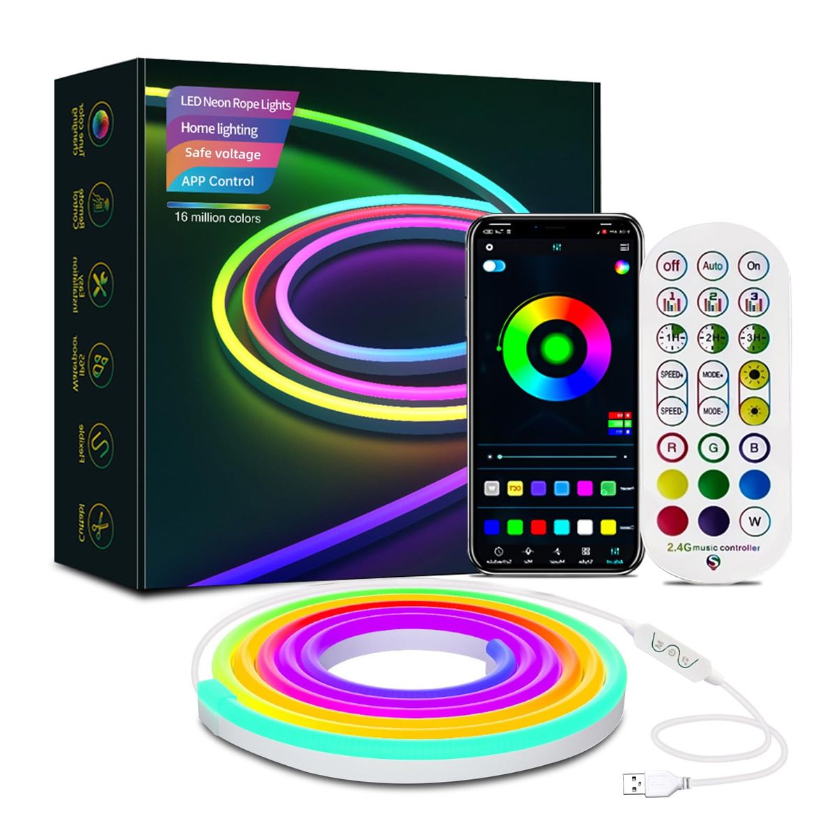 30Ft RGB Neon Rope Lights, Music Sync, IP65 Waterproof, APP/Remote Control, Indoor/Outdoor Decor